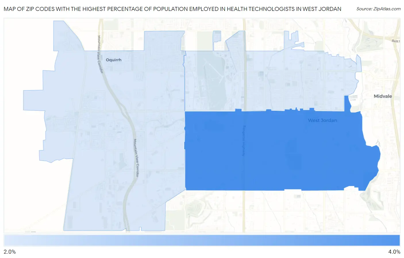 Zip Codes with the Highest Percentage of Population Employed in Health Technologists in West Jordan Map