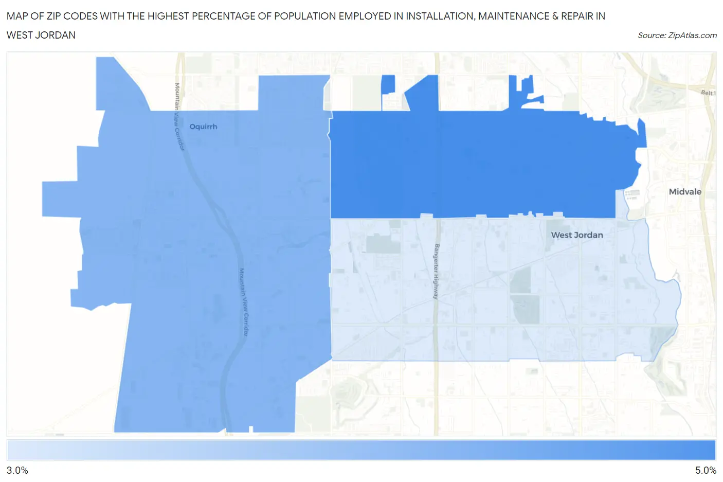 Zip Codes with the Highest Percentage of Population Employed in Installation, Maintenance & Repair in West Jordan Map