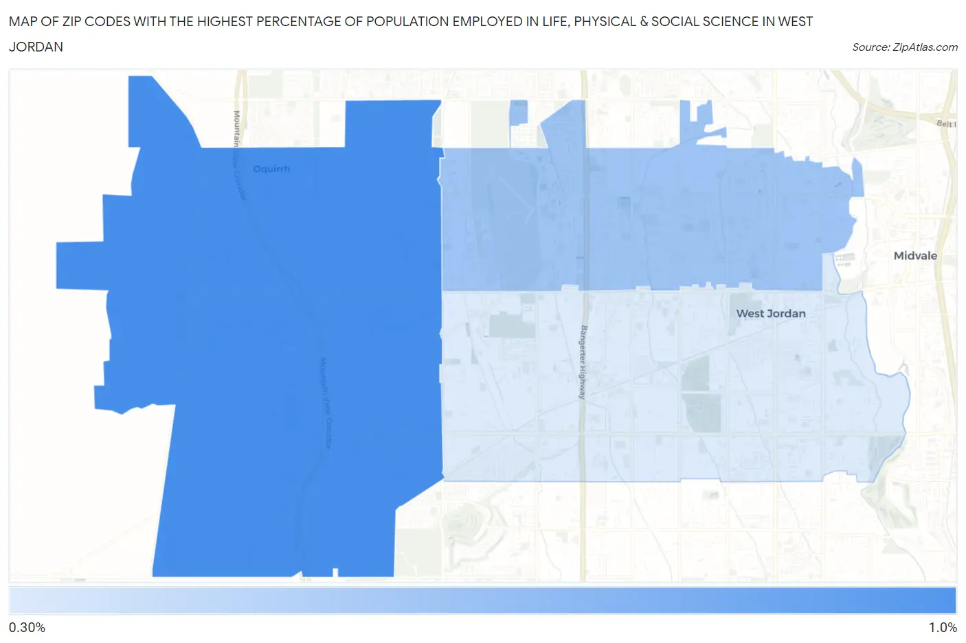 Zip Codes with the Highest Percentage of Population Employed in Life, Physical & Social Science in West Jordan Map