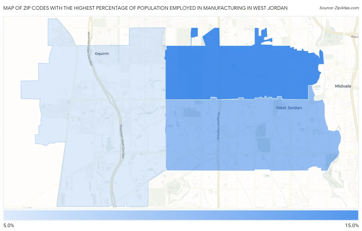 Zip Codes with the Highest Percentage of Population Employed in Manufacturing in West Jordan Map