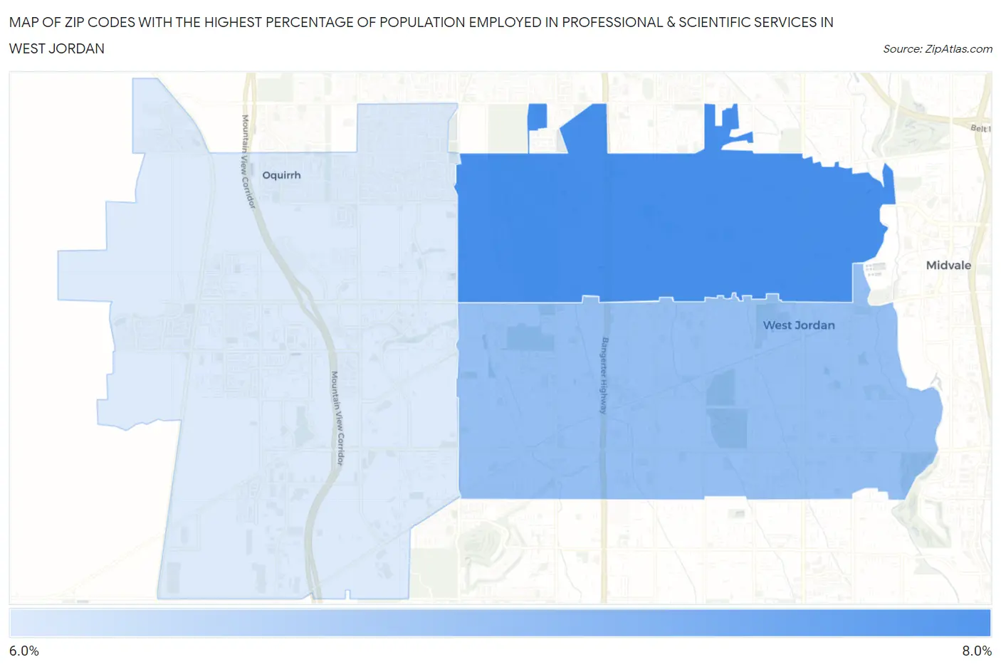 Zip Codes with the Highest Percentage of Population Employed in Professional & Scientific Services in West Jordan Map