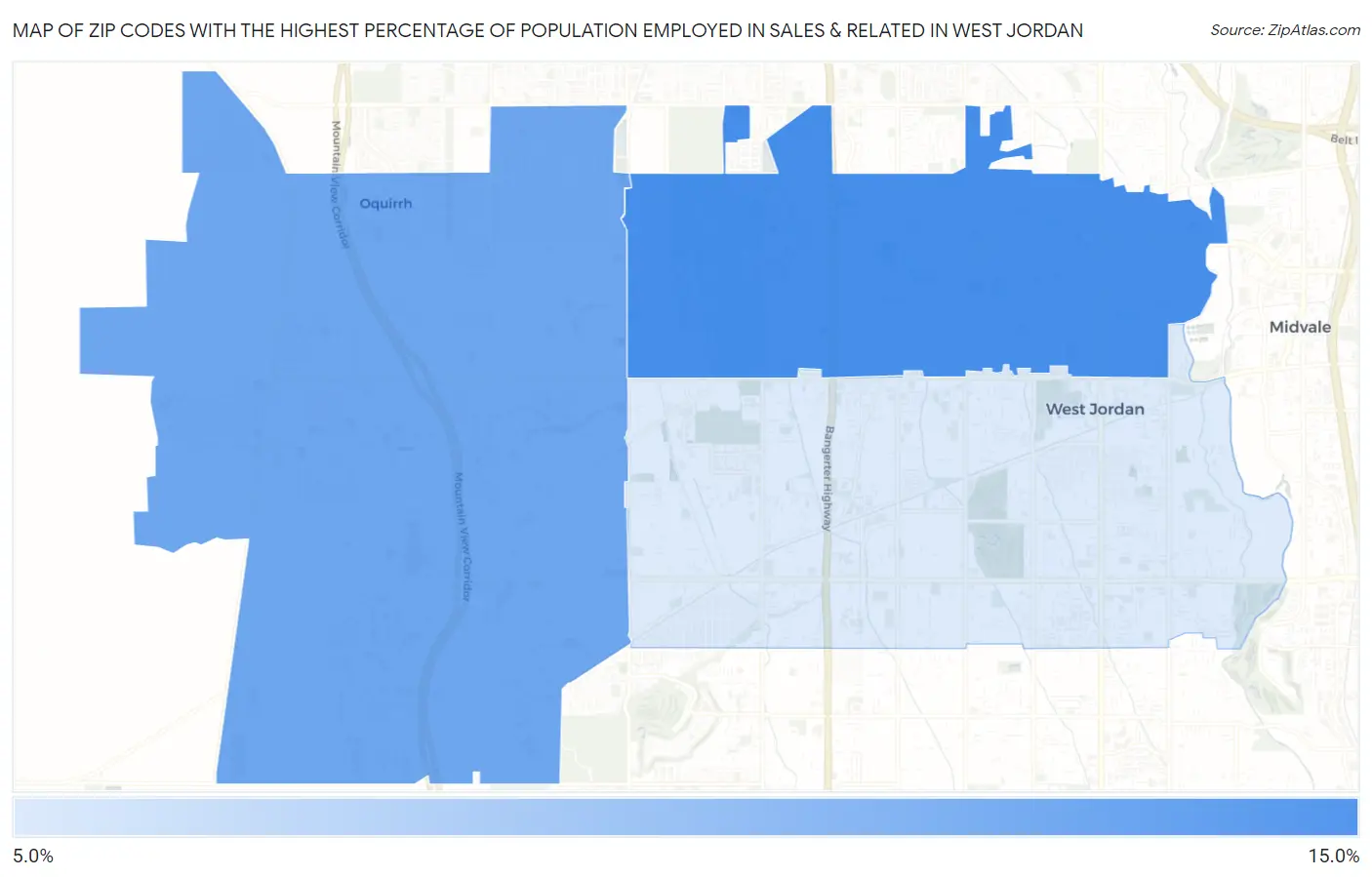 Zip Codes with the Highest Percentage of Population Employed in Sales & Related in West Jordan Map