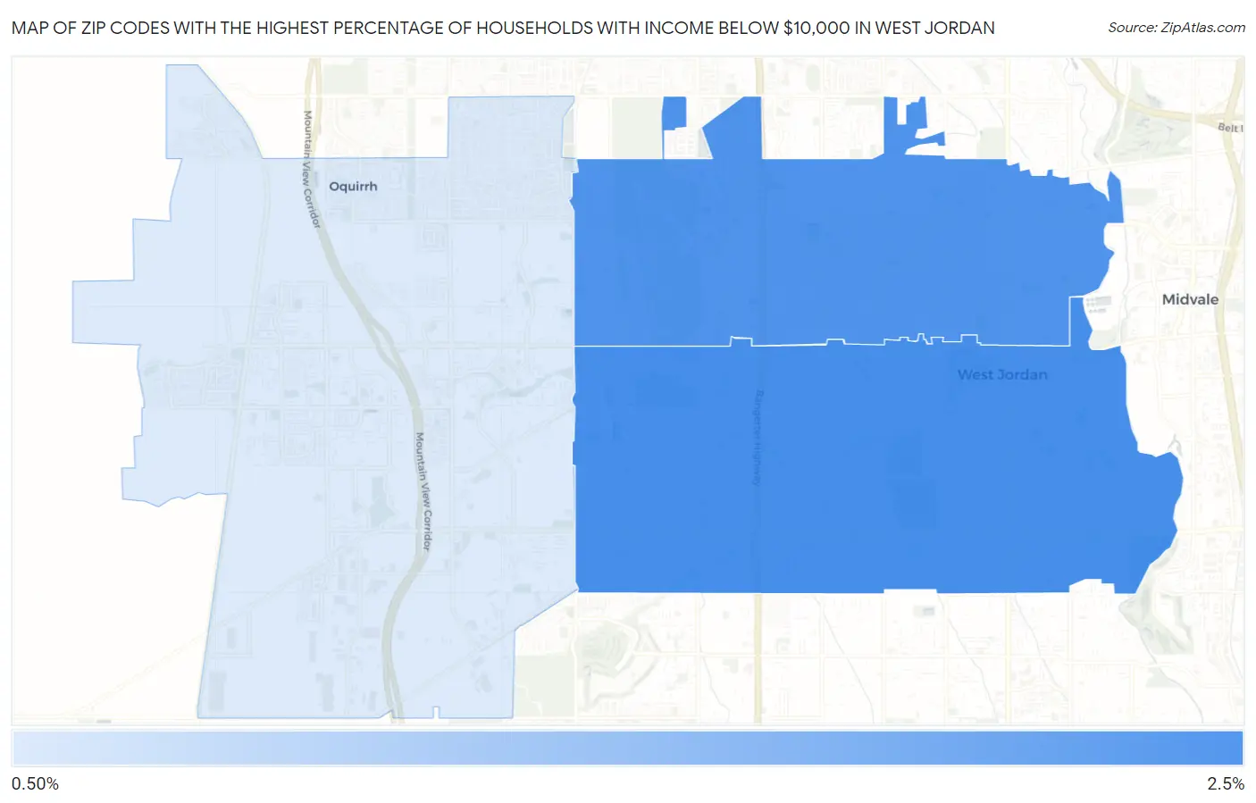 Zip Codes with the Highest Percentage of Households with Income Below $10,000 in West Jordan Map