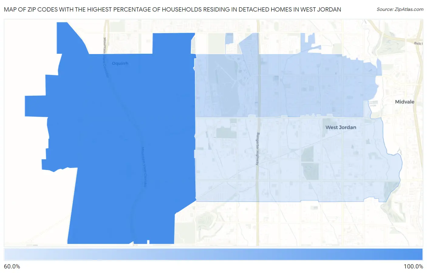 Zip Codes with the Highest Percentage of Households Residing in Detached Homes in West Jordan Map