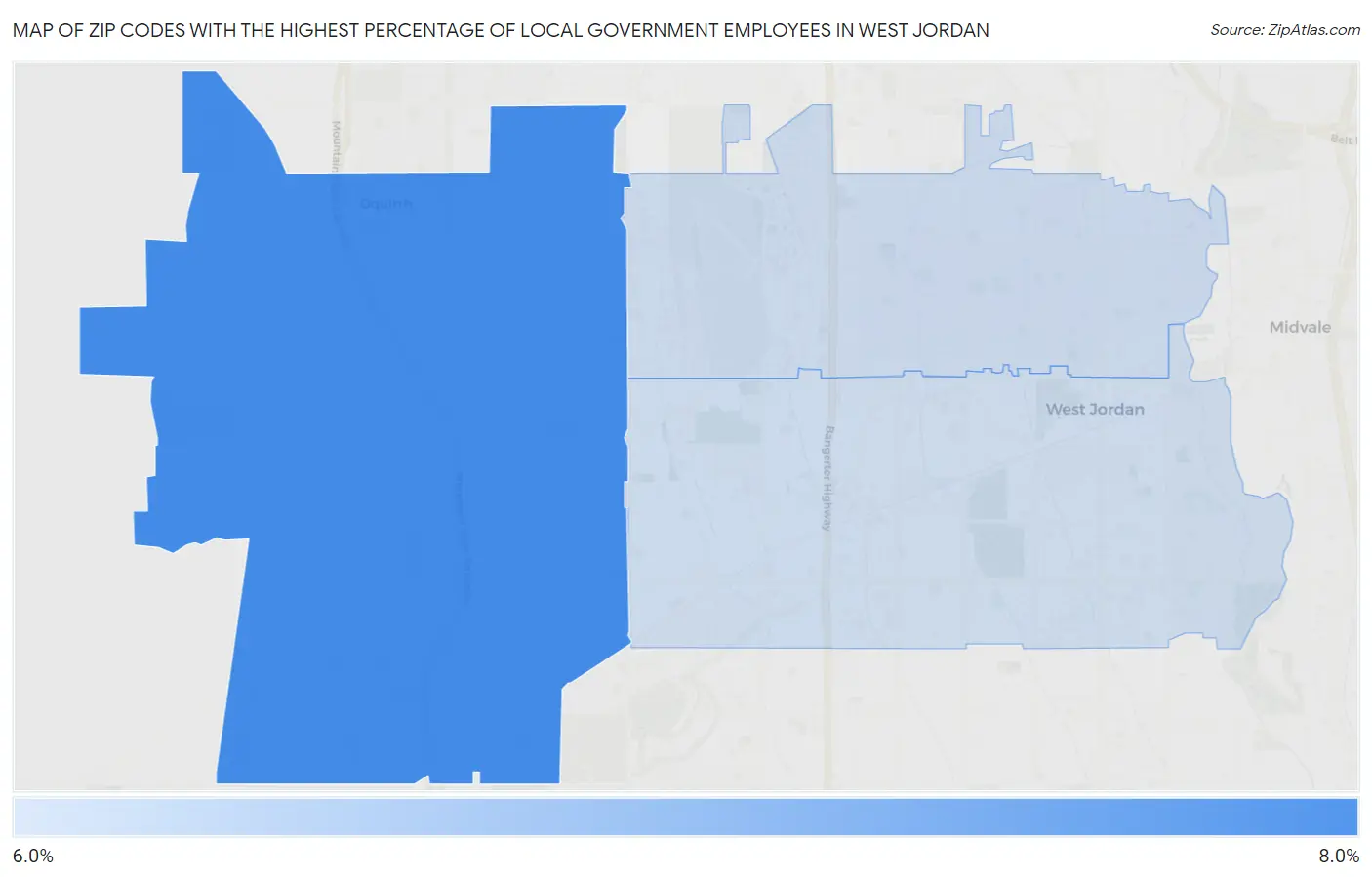 Zip Codes with the Highest Percentage of Local Government Employees in West Jordan Map