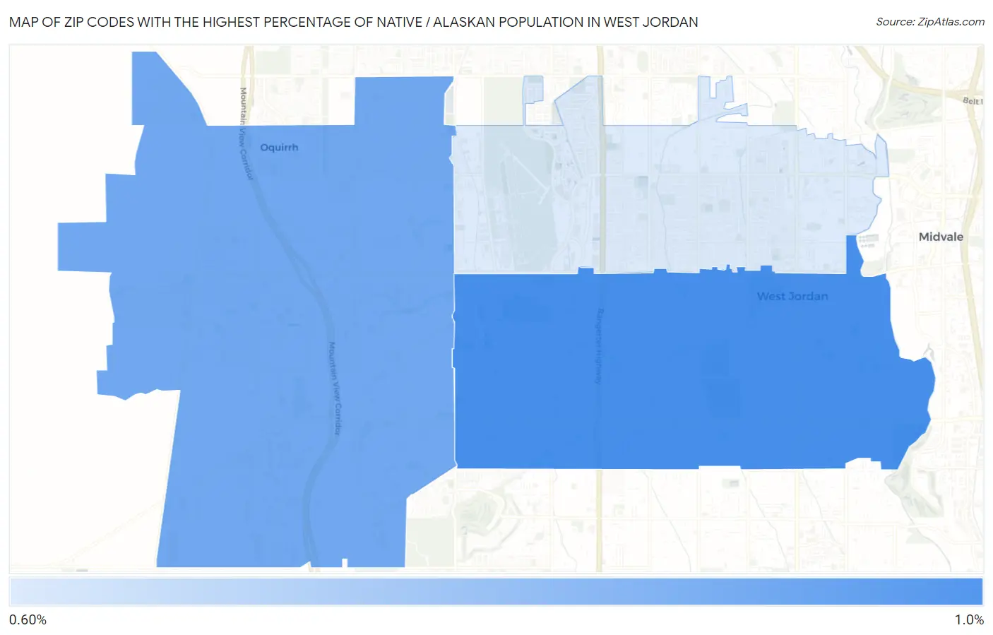 Zip Codes with the Highest Percentage of Native / Alaskan Population in West Jordan Map