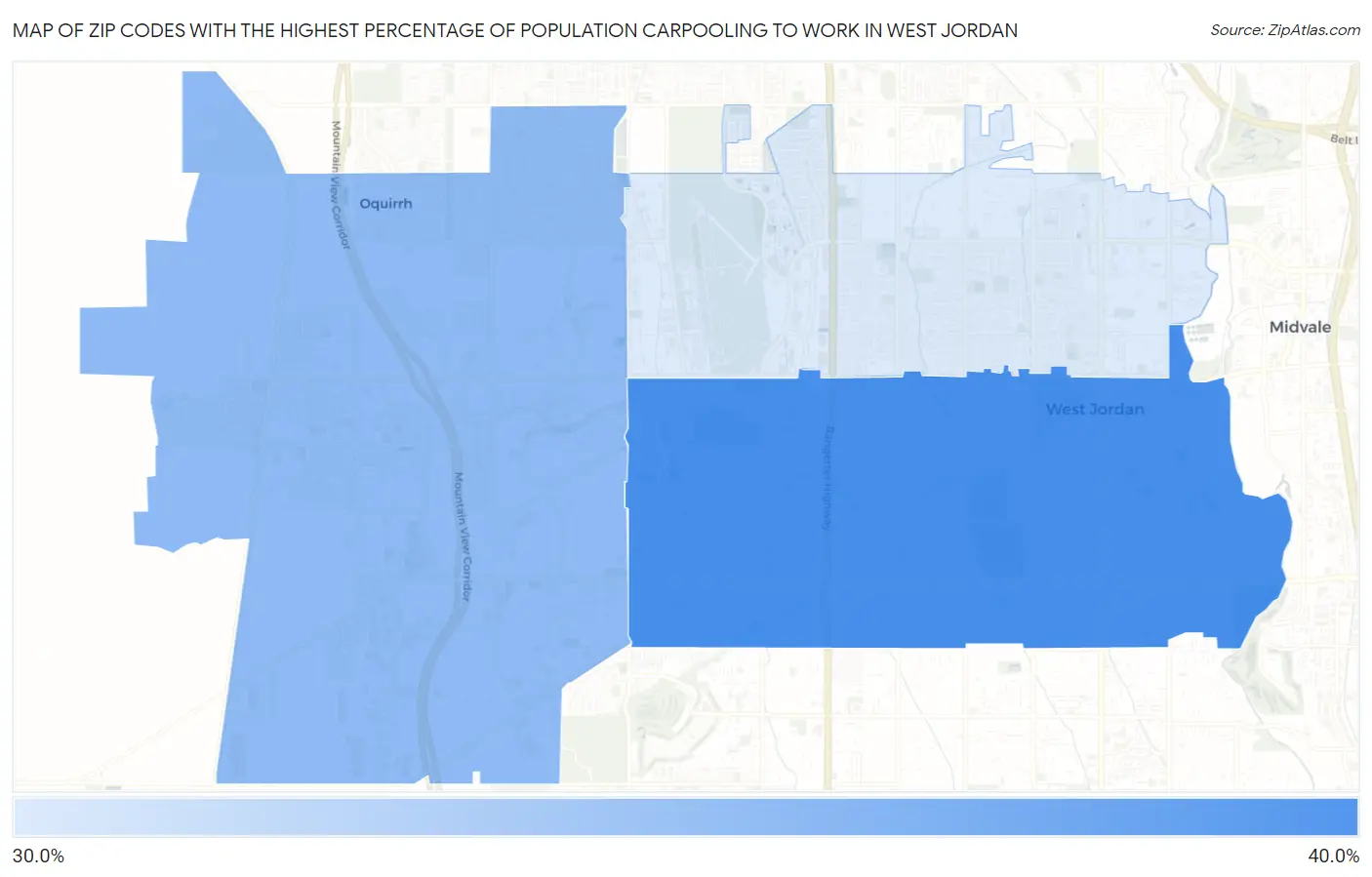 Zip Codes with the Highest Percentage of Population Carpooling to Work in West Jordan Map