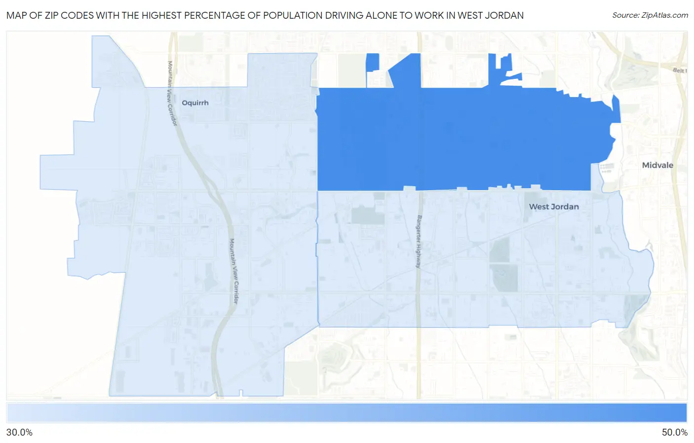 Zip Codes with the Highest Percentage of Population Driving Alone to Work in West Jordan Map