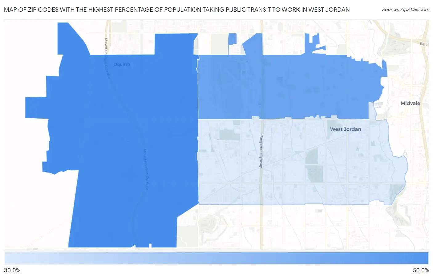 Zip Codes with the Highest Percentage of Population Taking Public Transit to Work in West Jordan Map