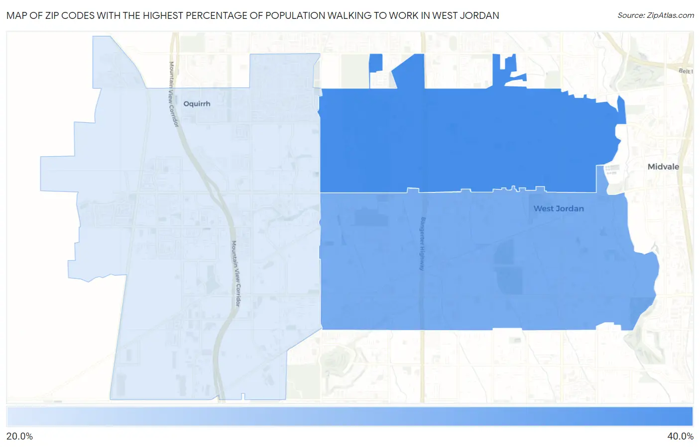 Zip Codes with the Highest Percentage of Population Walking to Work in West Jordan Map