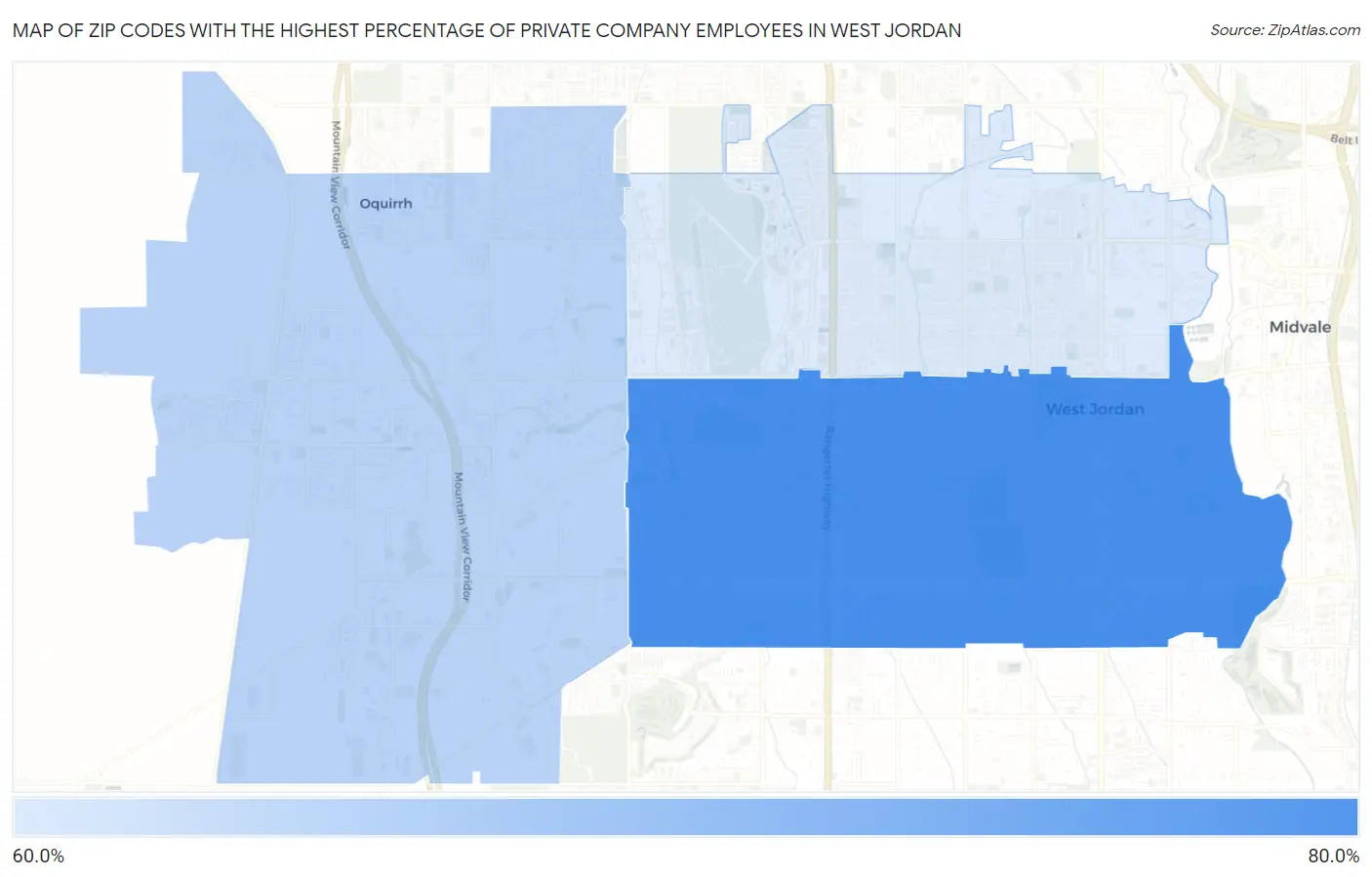 Zip Codes with the Highest Percentage of Private Company Employees in West Jordan Map