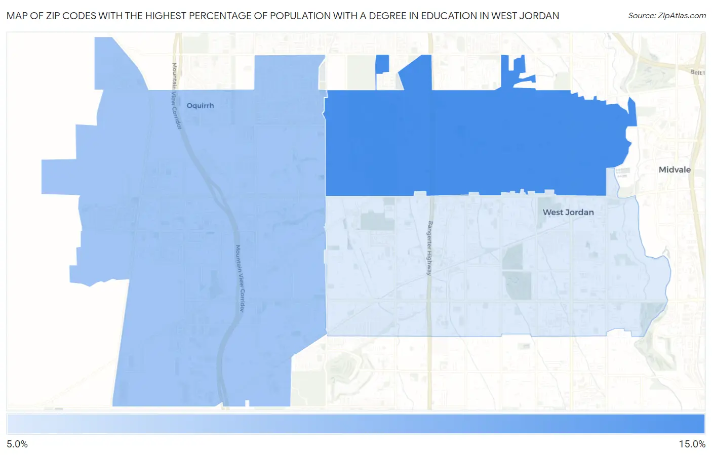 Zip Codes with the Highest Percentage of Population with a Degree in Education in West Jordan Map