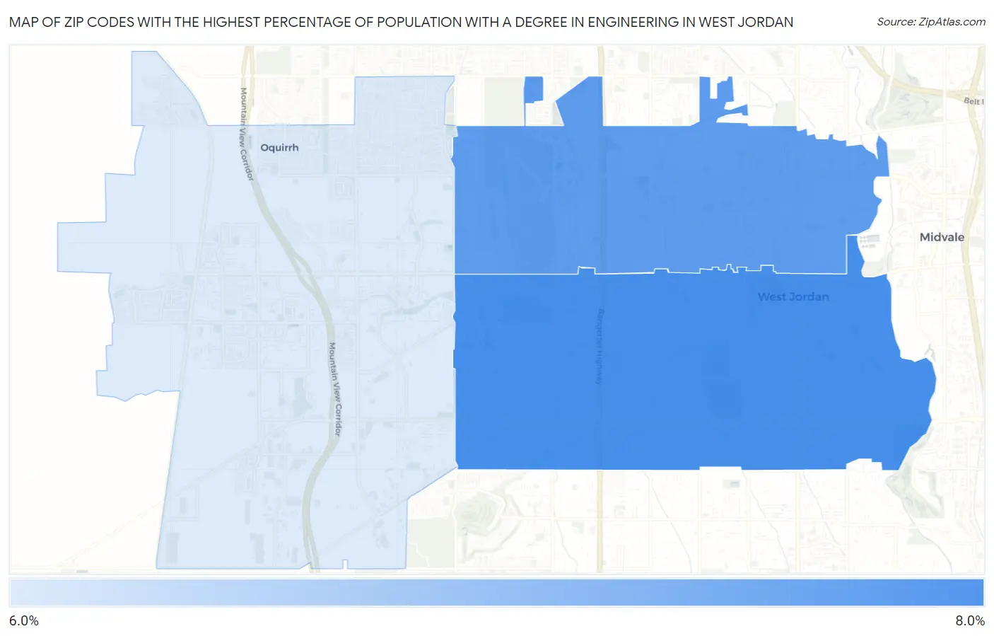 Zip Codes with the Highest Percentage of Population with a Degree in Engineering in West Jordan Map