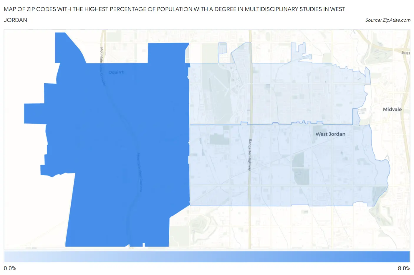 Zip Codes with the Highest Percentage of Population with a Degree in Multidisciplinary Studies in West Jordan Map