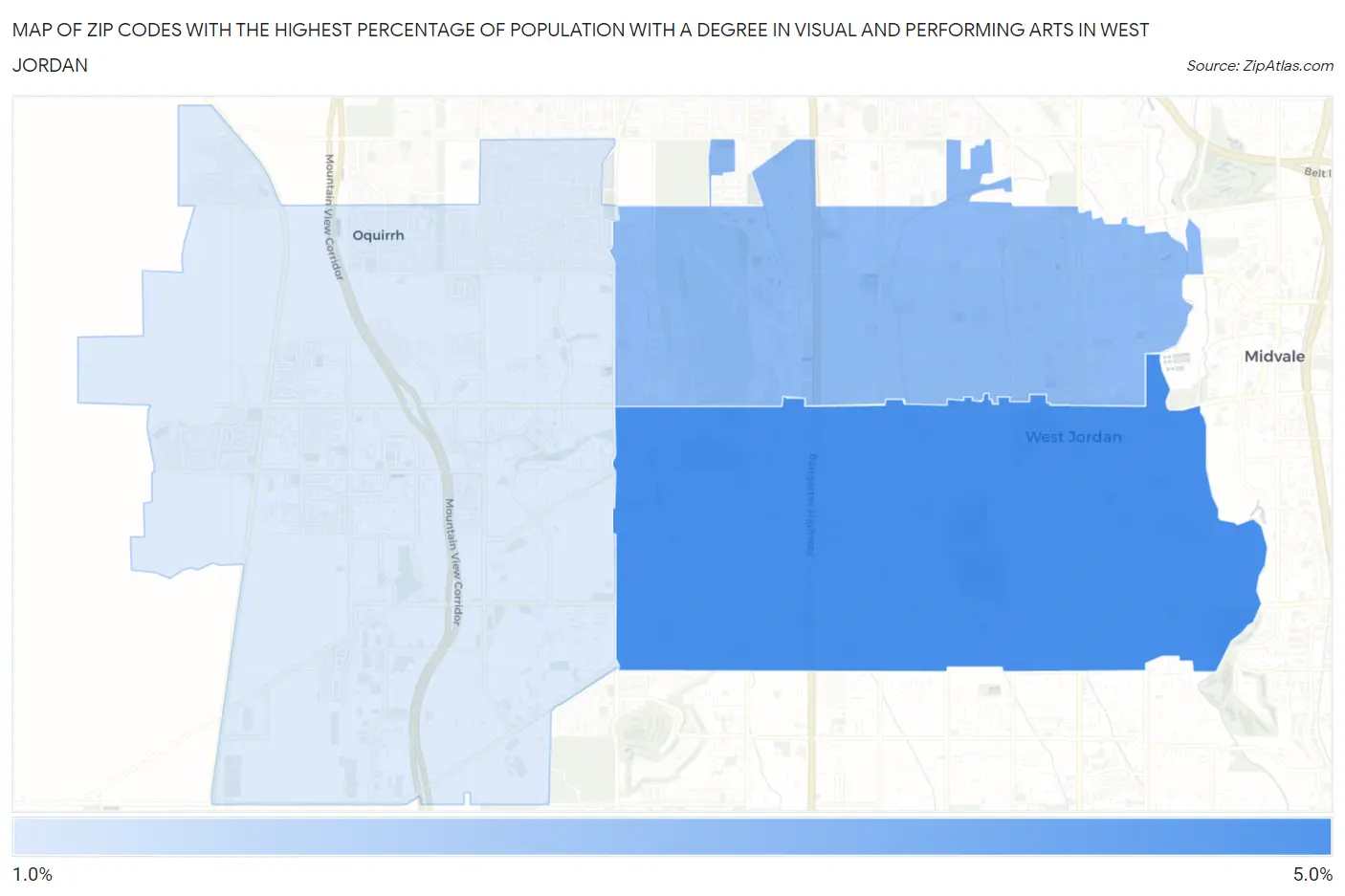 Zip Codes with the Highest Percentage of Population with a Degree in Visual and Performing Arts in West Jordan Map
