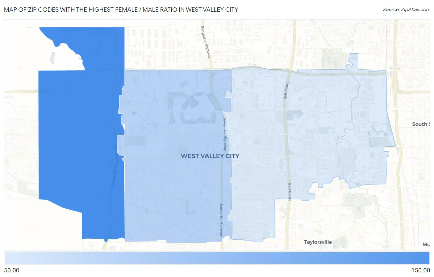 Zip Codes with the Highest Female / Male Ratio in West Valley City Map