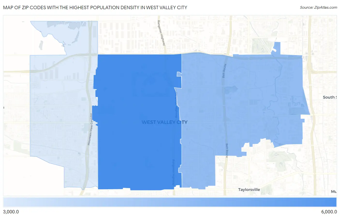 Zip Codes with the Highest Population Density in West Valley City Map