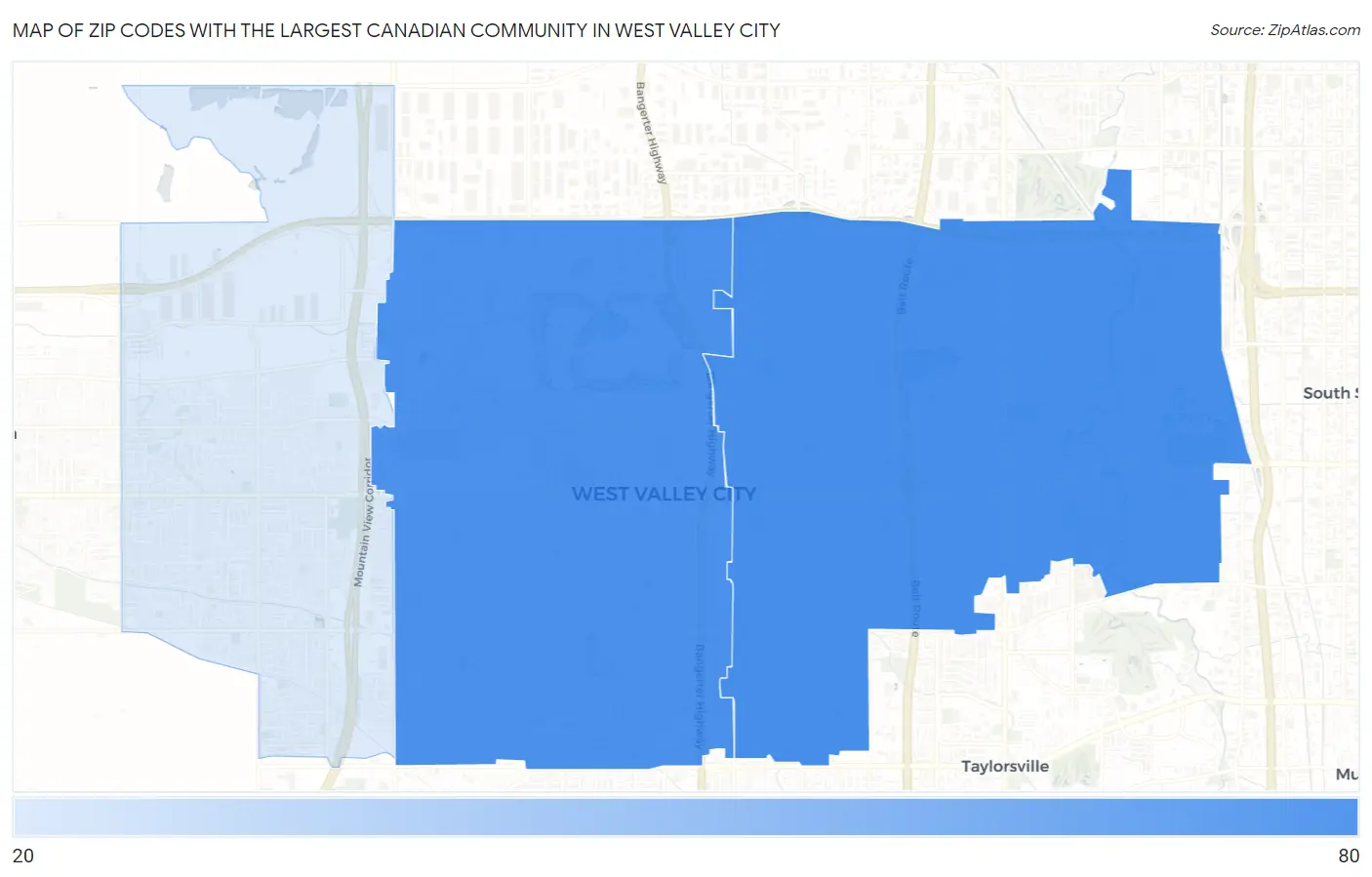 Zip Codes with the Largest Canadian Community in West Valley City Map
