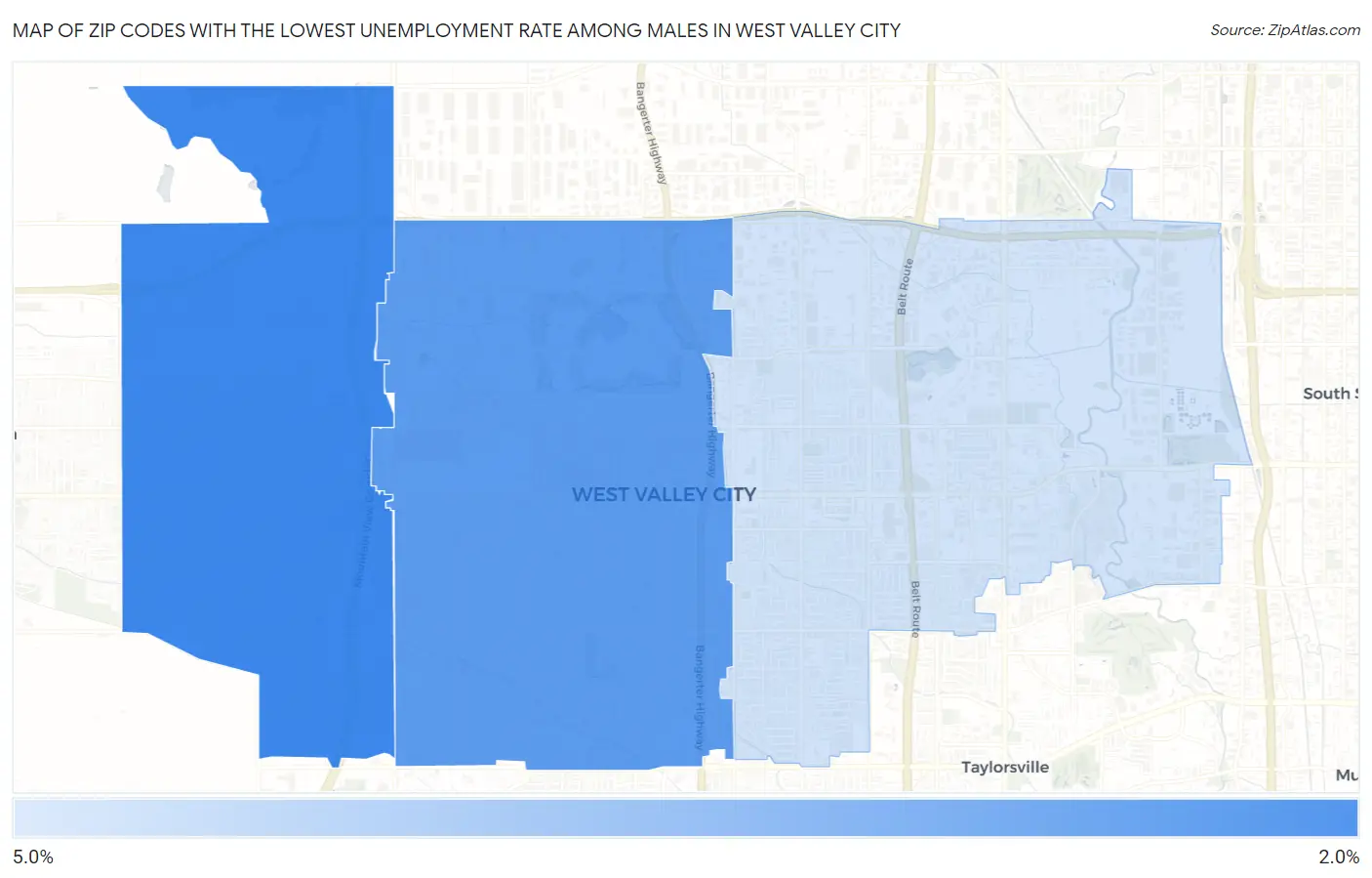 Zip Codes with the Lowest Unemployment Rate Among Males in West Valley City Map