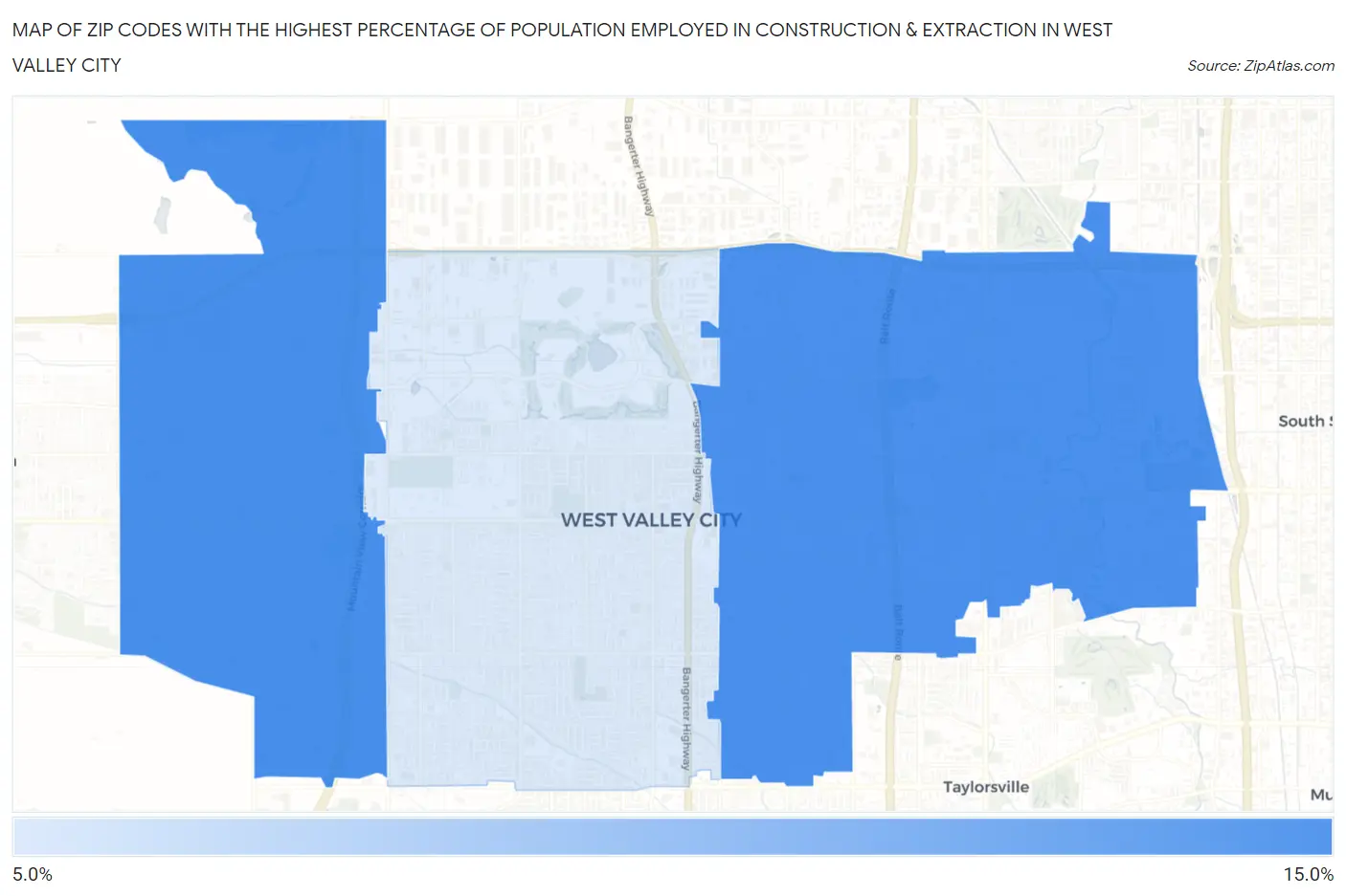 Zip Codes with the Highest Percentage of Population Employed in Construction & Extraction in West Valley City Map