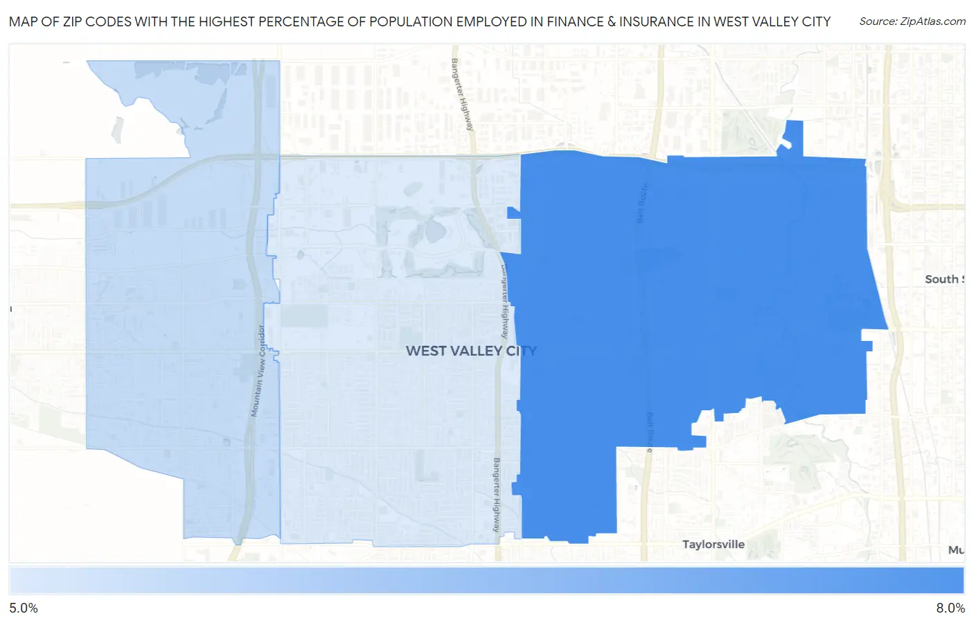 Zip Codes with the Highest Percentage of Population Employed in Finance & Insurance in West Valley City Map