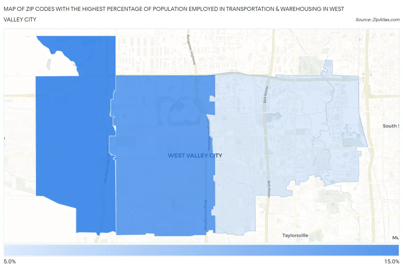 Zip Codes with the Highest Percentage of Population Employed in Transportation & Warehousing in West Valley City Map