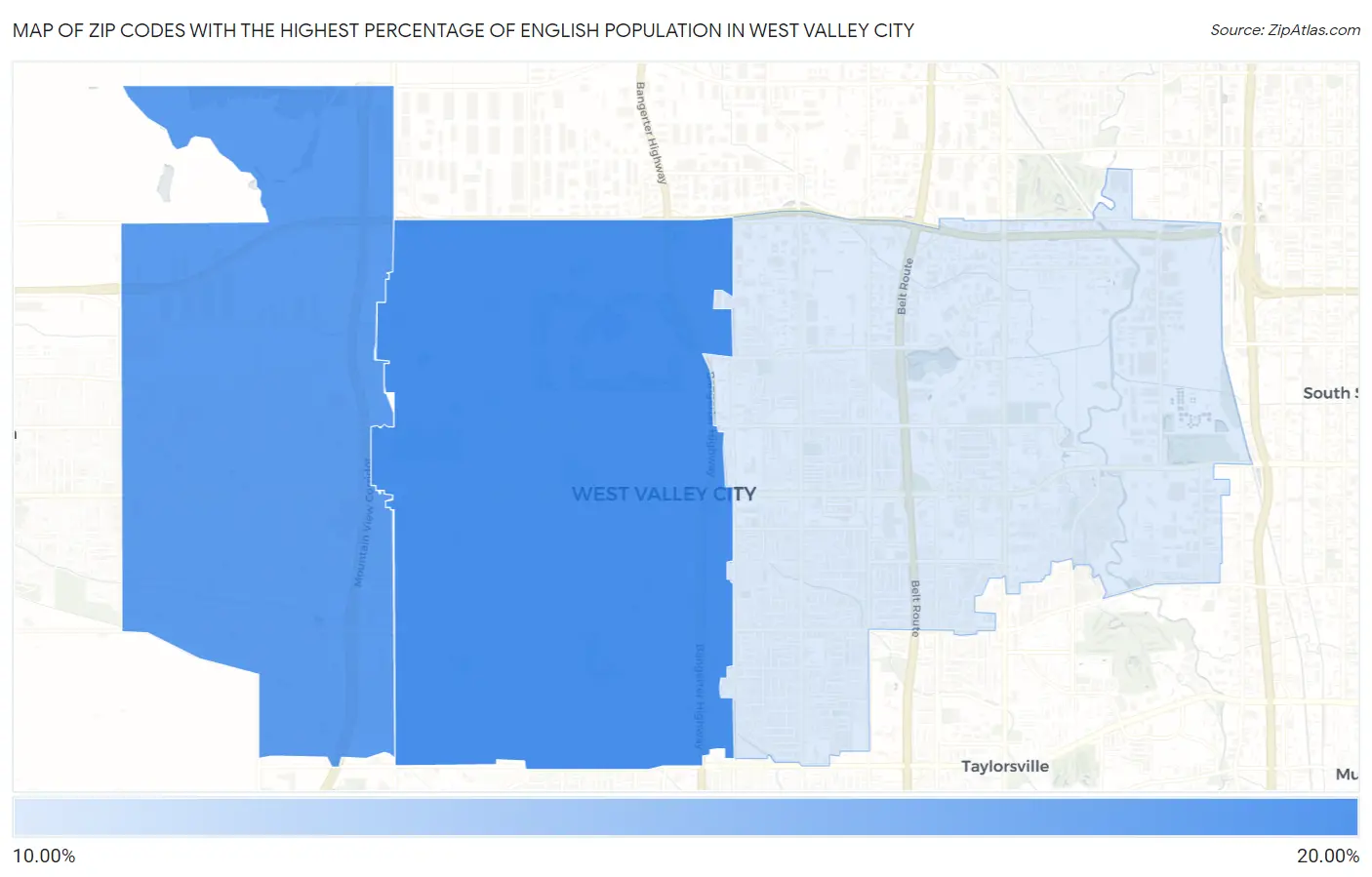Zip Codes with the Highest Percentage of English Population in West Valley City Map
