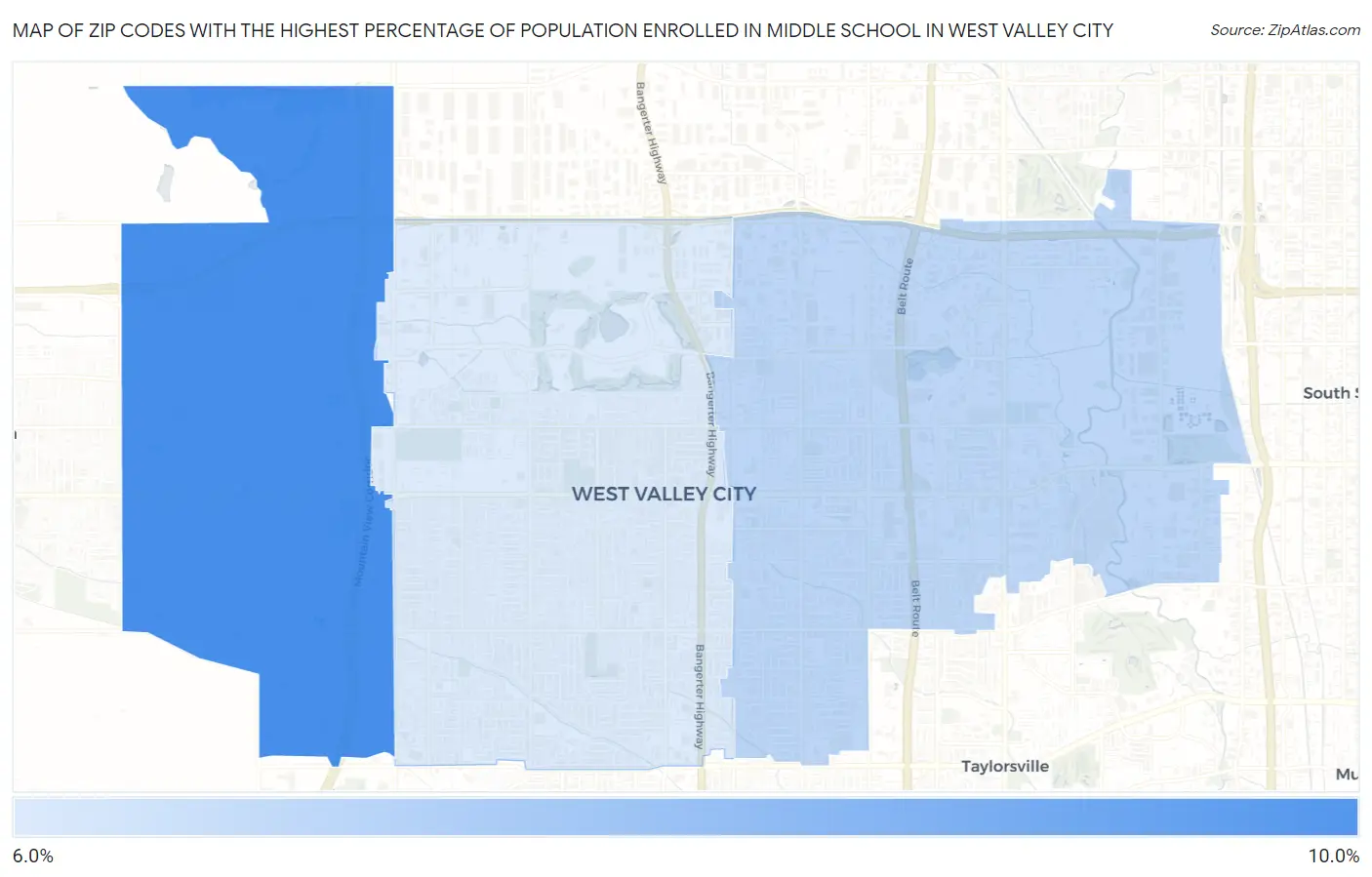 Zip Codes with the Highest Percentage of Population Enrolled in Middle School in West Valley City Map