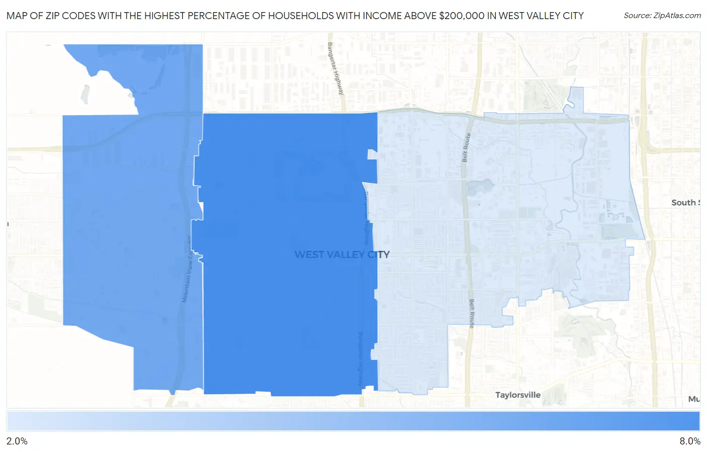 Zip Codes with the Highest Percentage of Households with Income Above $200,000 in West Valley City Map