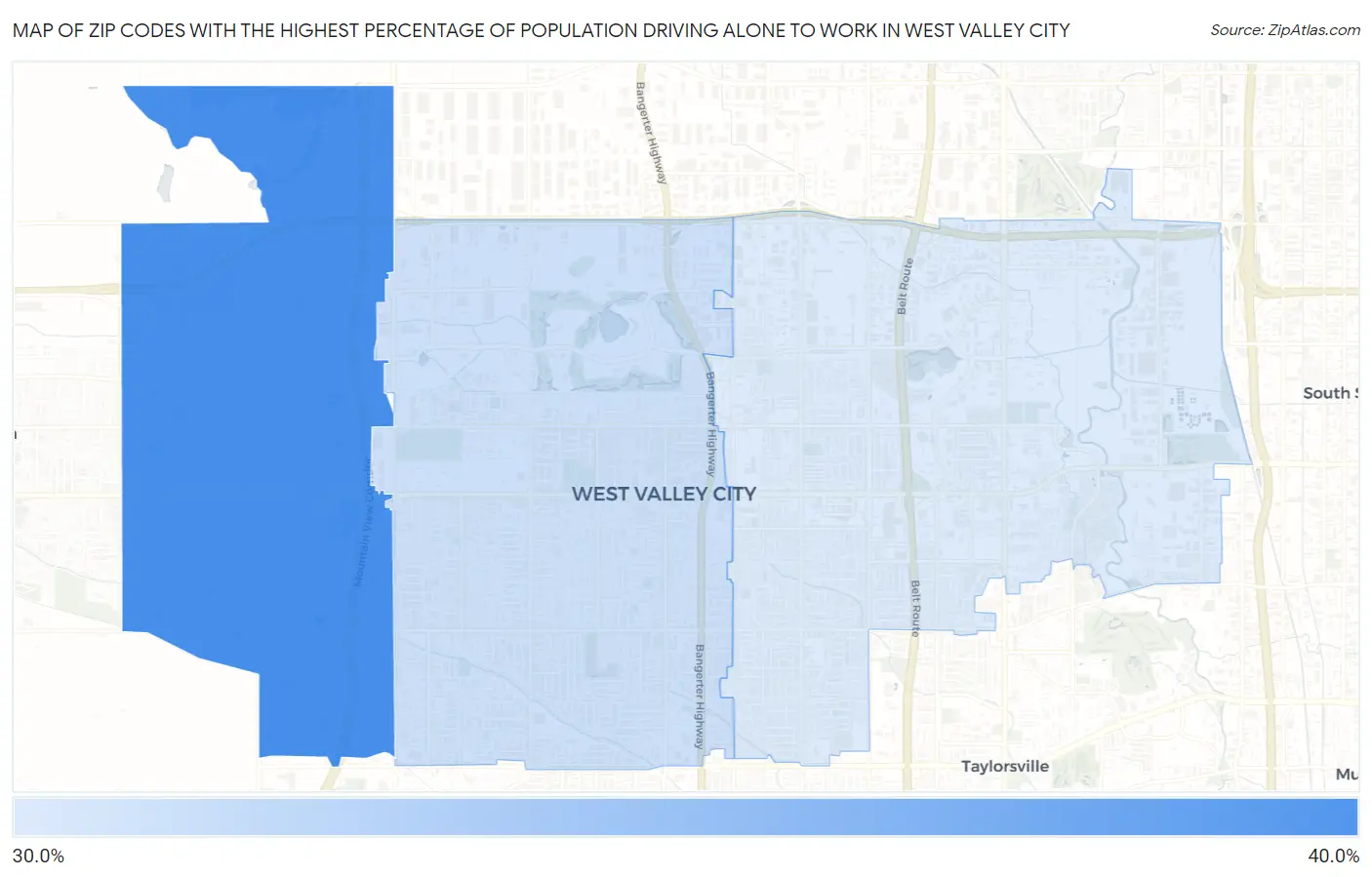Zip Codes with the Highest Percentage of Population Driving Alone to Work in West Valley City Map