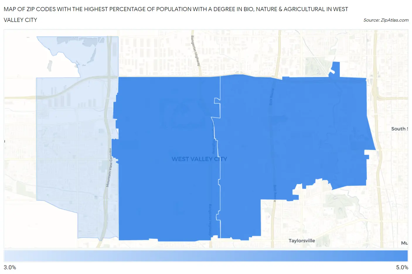 Zip Codes with the Highest Percentage of Population with a Degree in Bio, Nature & Agricultural in West Valley City Map