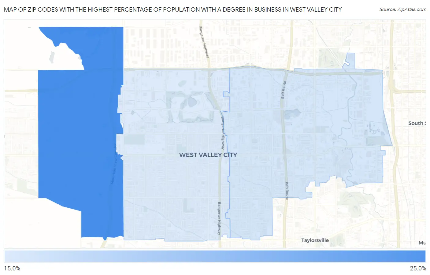 Zip Codes with the Highest Percentage of Population with a Degree in Business in West Valley City Map