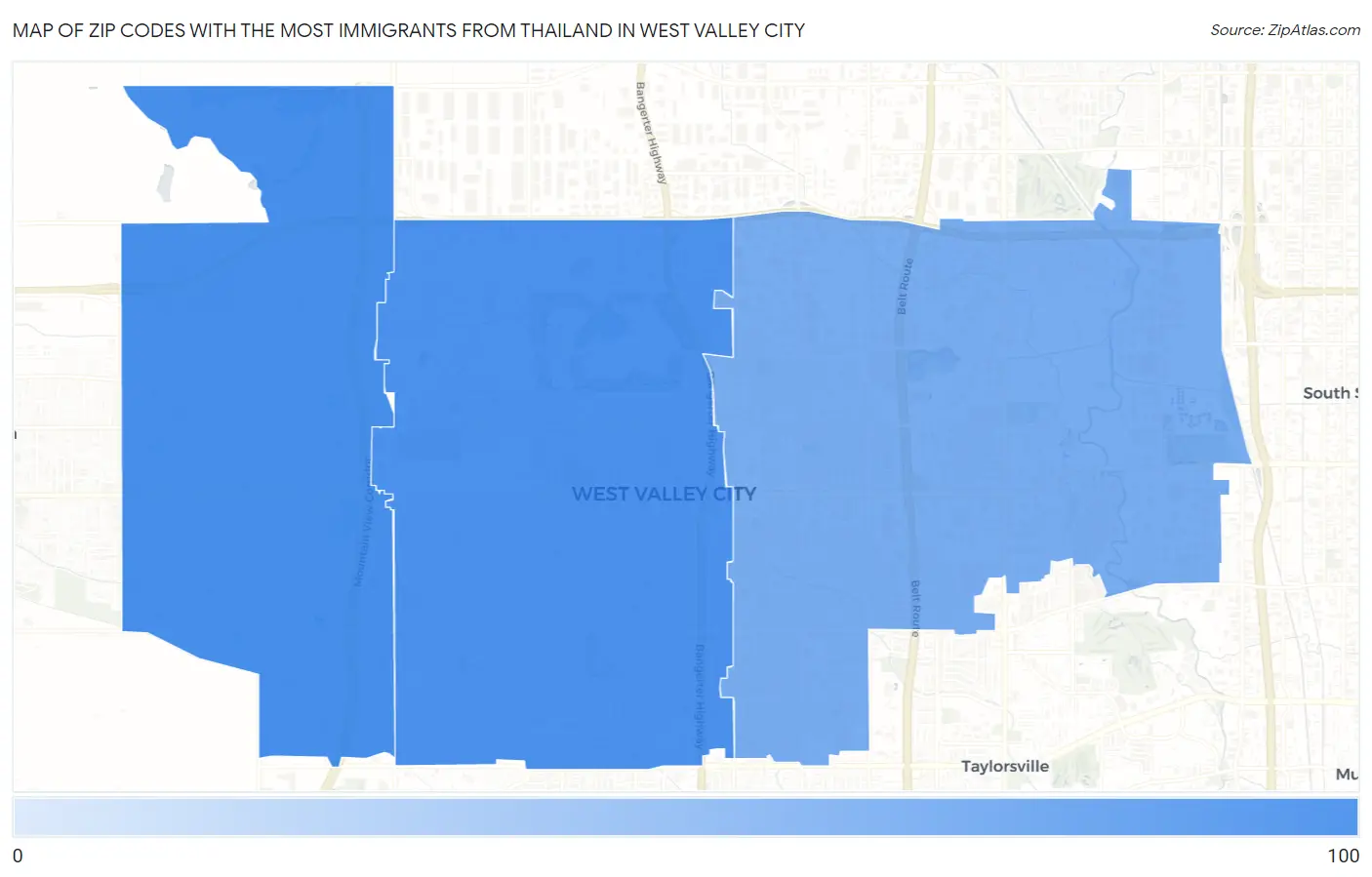 Zip Codes with the Most Immigrants from Thailand in West Valley City Map