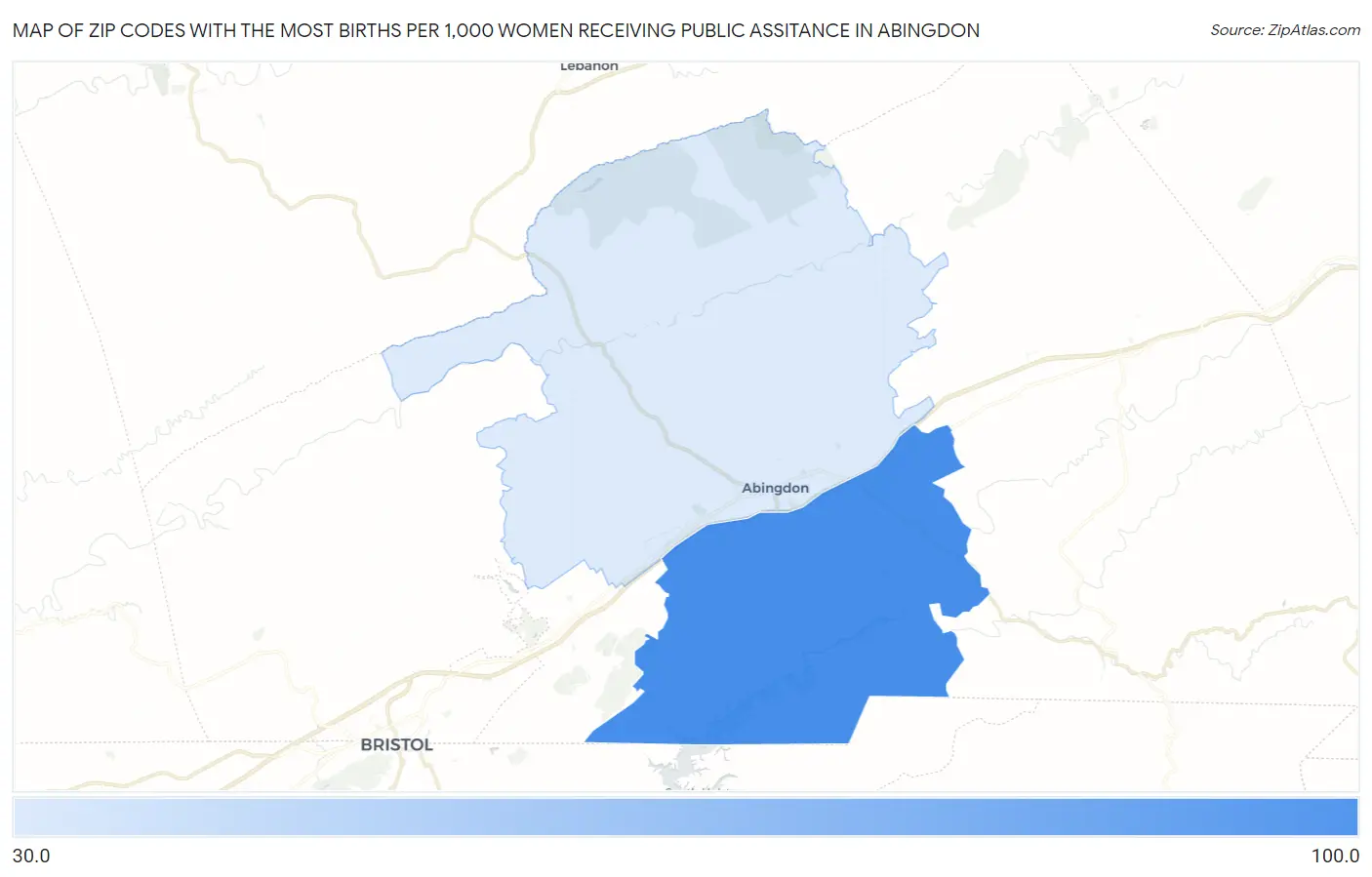 Zip Codes with the Most Births per 1,000 Women Receiving Public Assitance in Abingdon Map