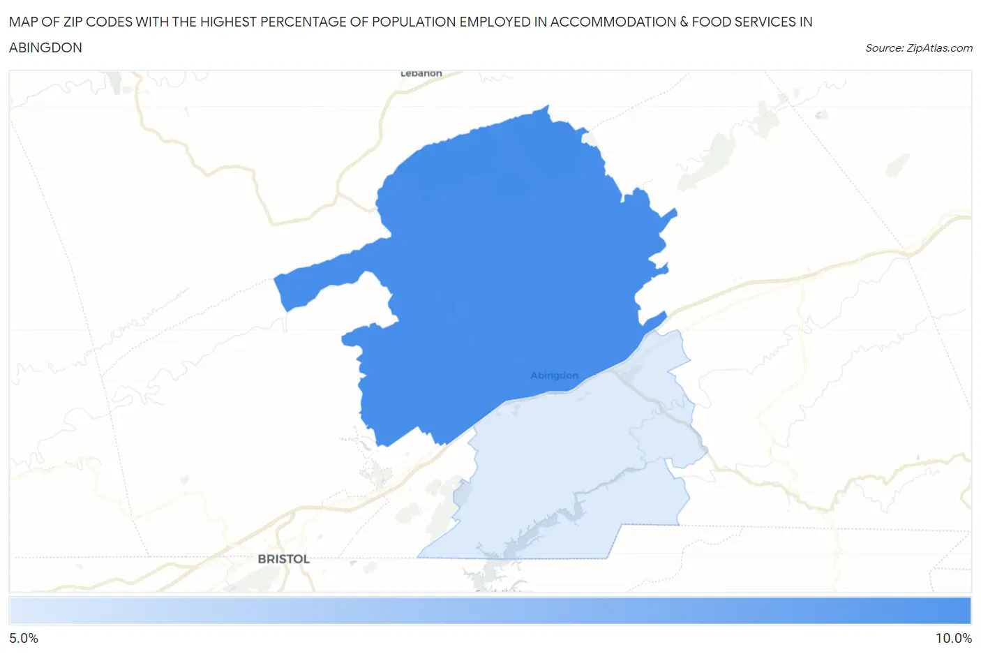 Zip Codes with the Highest Percentage of Population Employed in Accommodation & Food Services in Abingdon Map