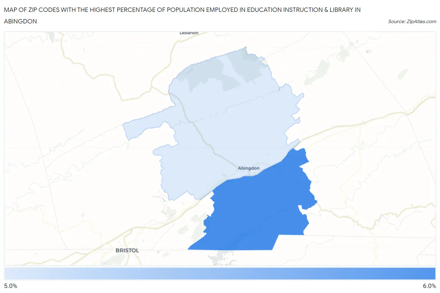 Zip Codes with the Highest Percentage of Population Employed in Education Instruction & Library in Abingdon Map
