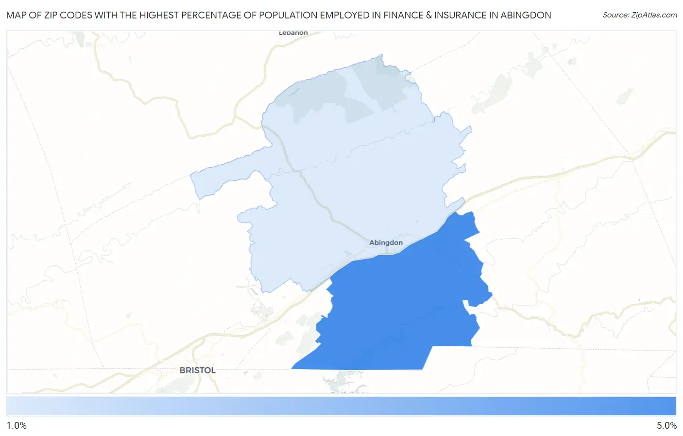 Zip Codes with the Highest Percentage of Population Employed in Finance & Insurance in Abingdon Map