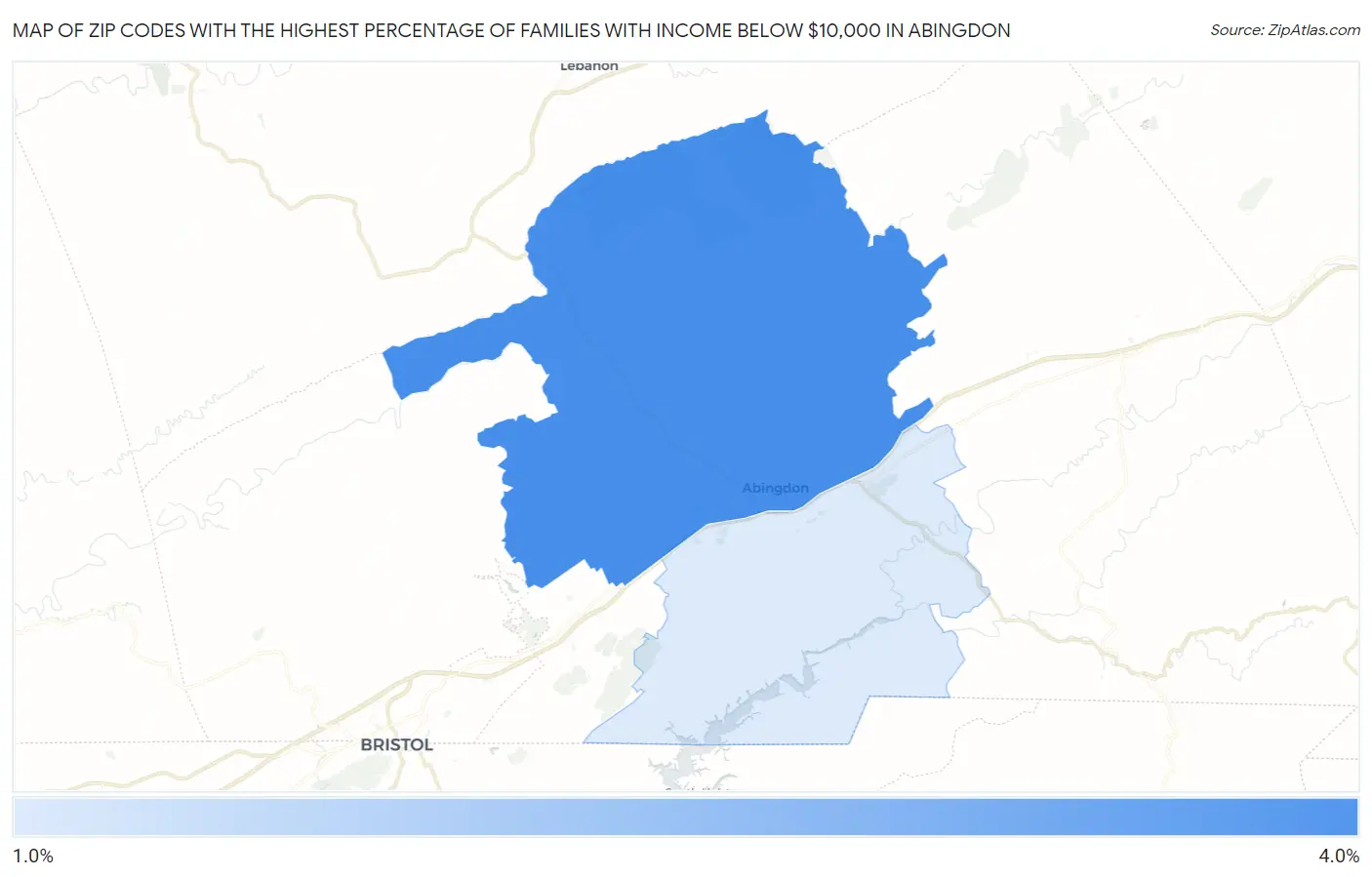 Zip Codes with the Highest Percentage of Families with Income Below $10,000 in Abingdon Map