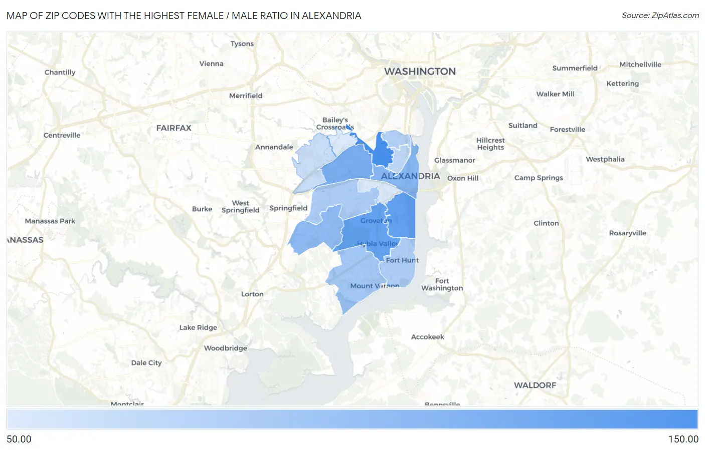 Zip Codes with the Highest Female / Male Ratio in Alexandria Map