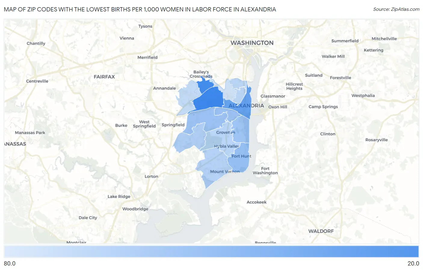 Zip Codes with the Lowest Births per 1,000 Women in Labor Force in Alexandria Map