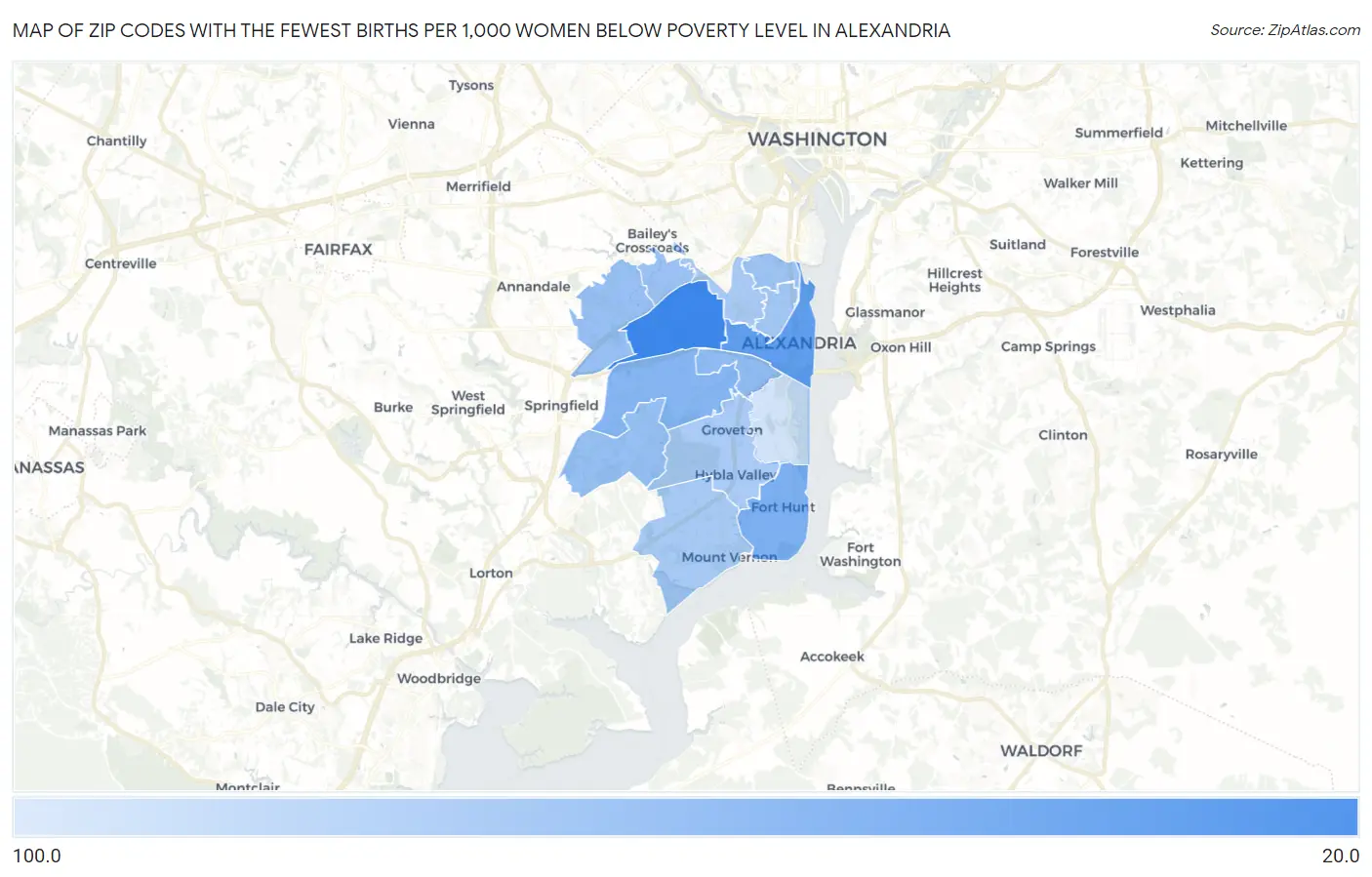 Zip Codes with the Fewest Births per 1,000 Women Below Poverty Level in Alexandria Map