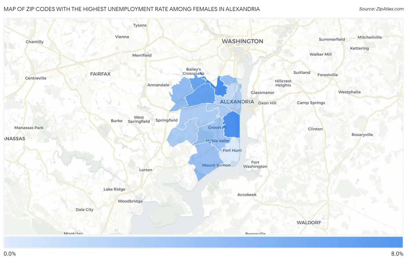 Zip Codes with the Highest Unemployment Rate Among Females in Alexandria Map