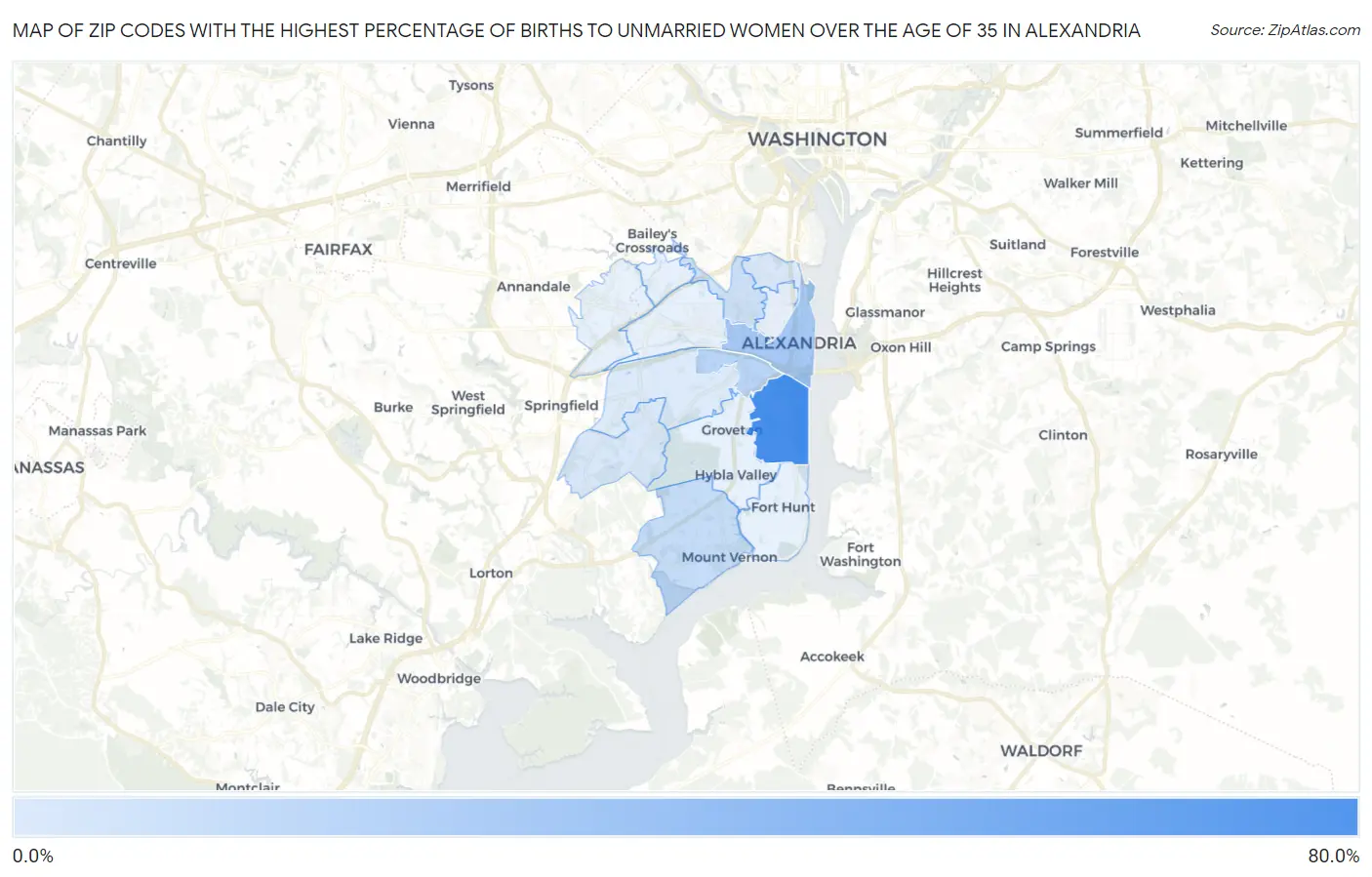 Zip Codes with the Highest Percentage of Births to Unmarried Women over the Age of 35 in Alexandria Map
