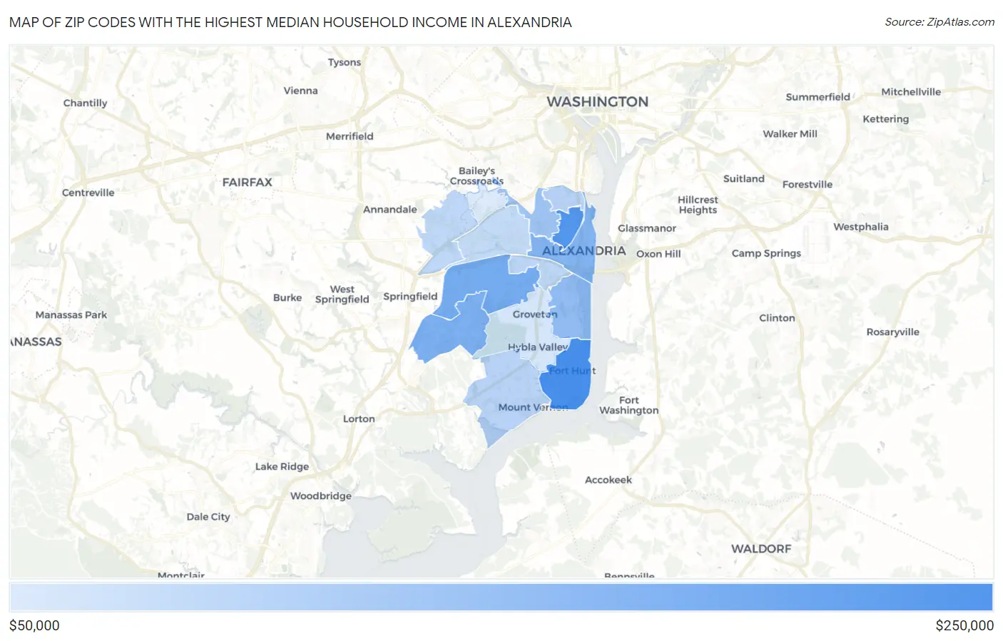 Zip Codes with the Highest Median Household Income in Alexandria Map