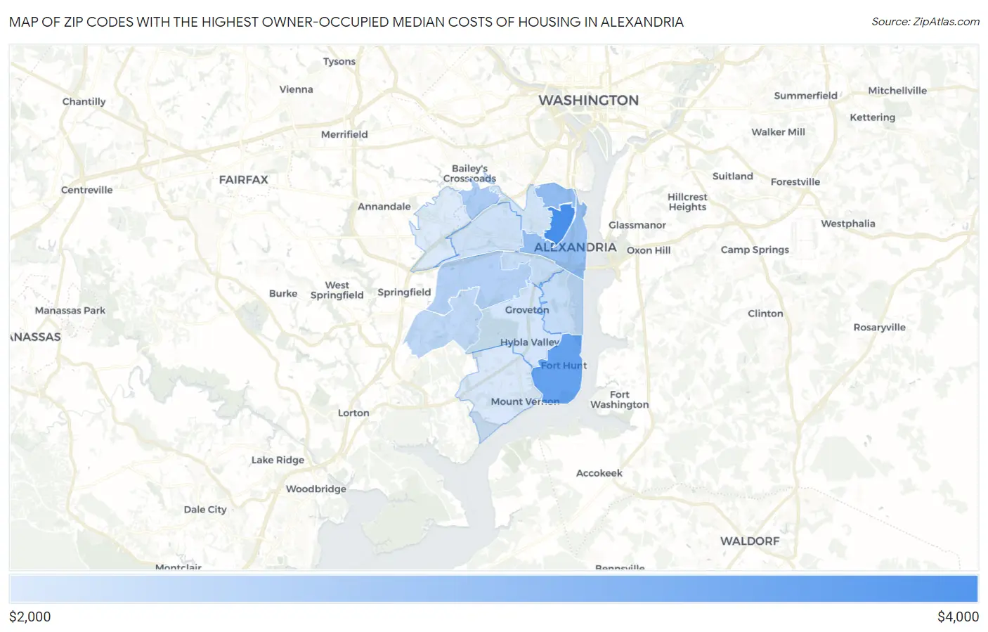 Zip Codes with the Highest Owner-Occupied Median Costs of Housing in Alexandria Map