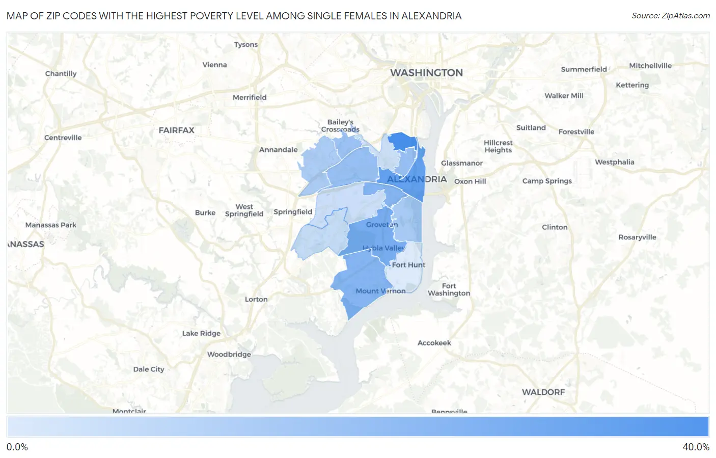 Zip Codes with the Highest Poverty Level Among Single Females in Alexandria Map