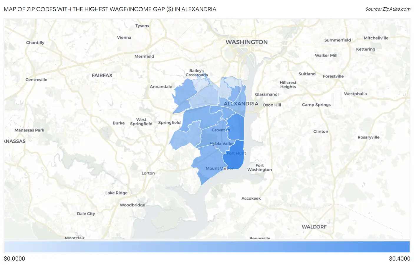 Zip Codes with the Highest Wage/Income Gap ($) in Alexandria Map