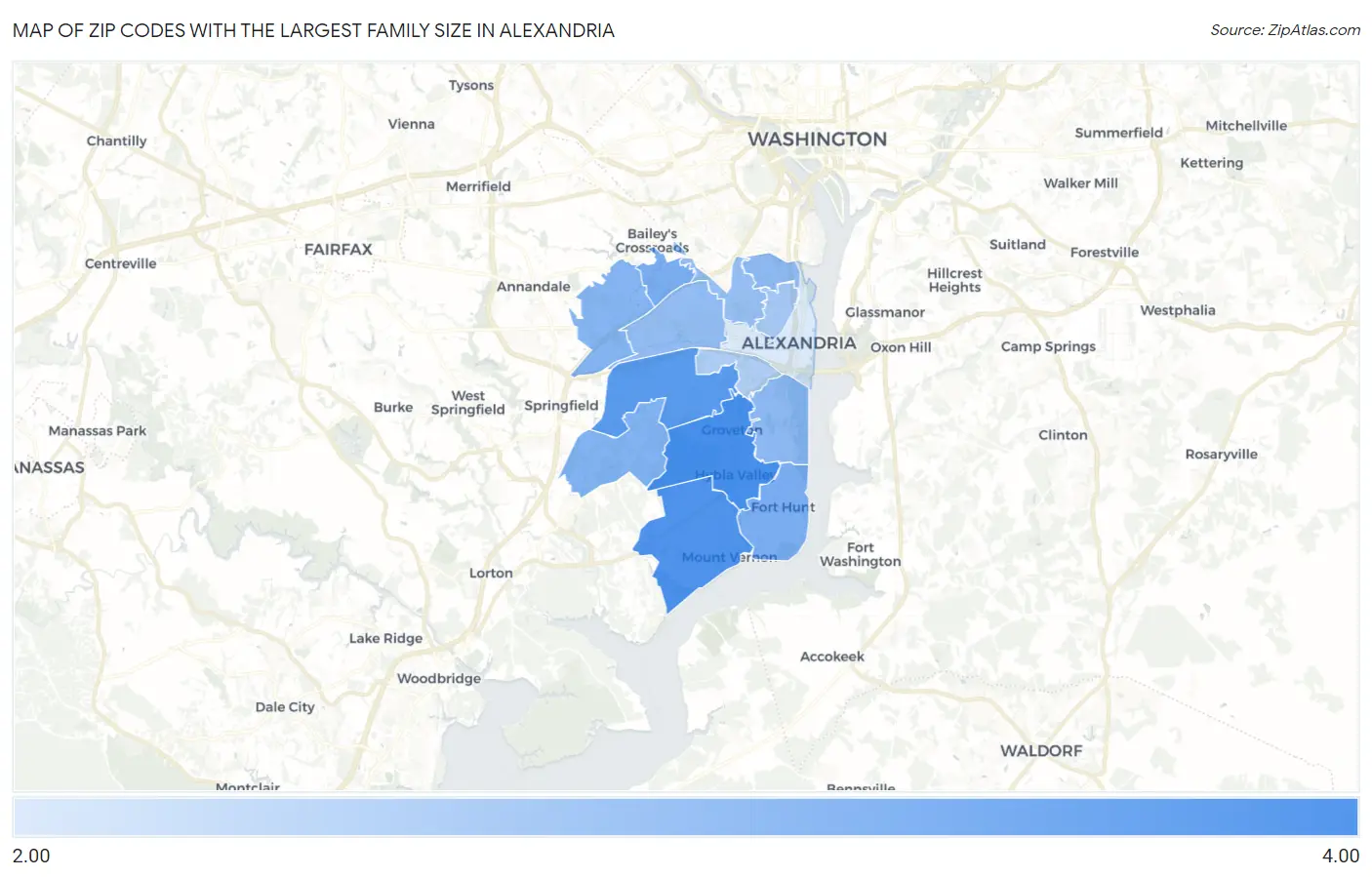 Zip Codes with the Largest Family Size in Alexandria Map