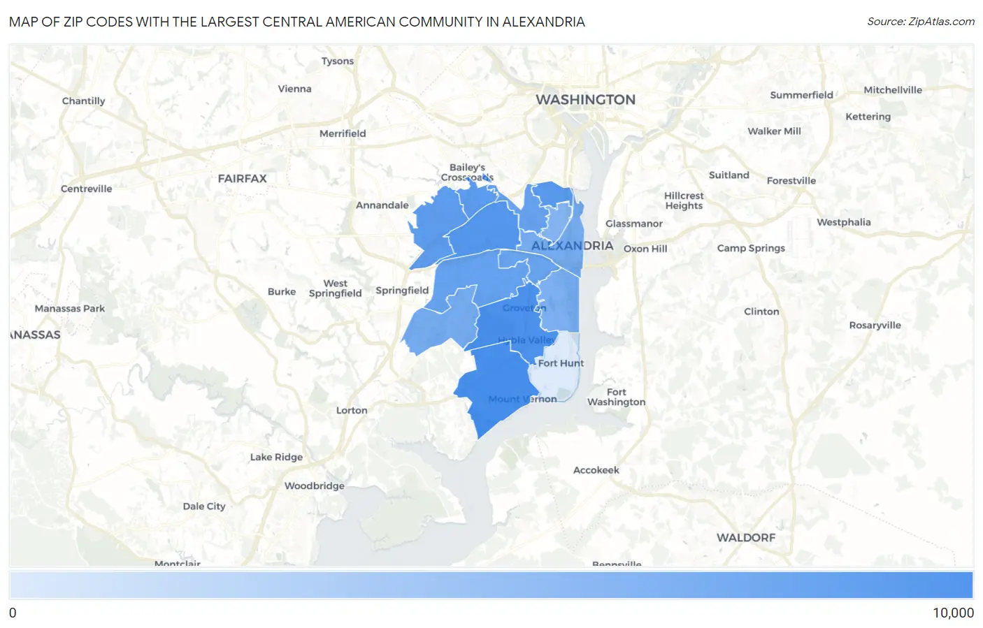 Zip Codes with the Largest Central American Community in Alexandria Map
