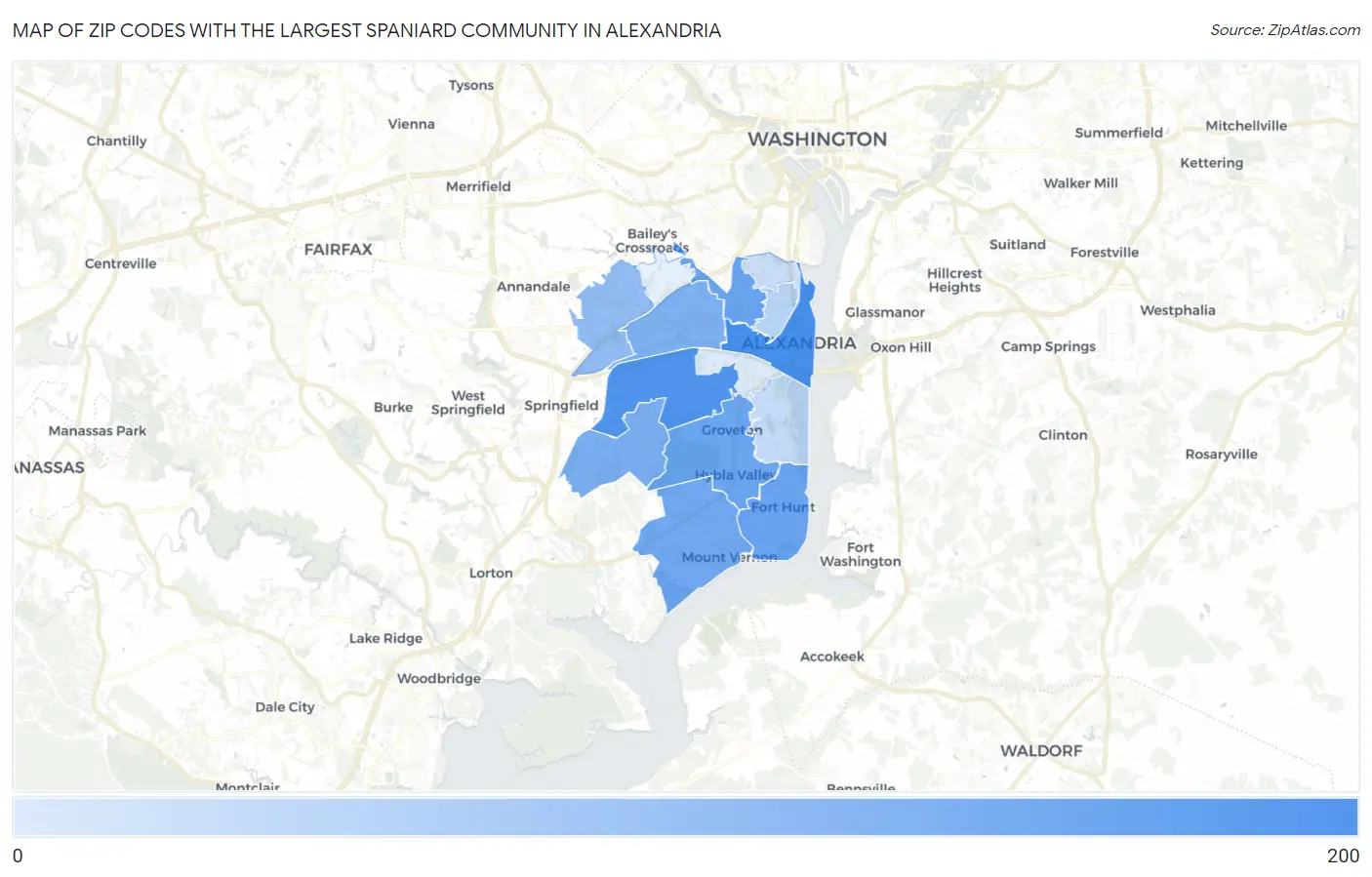 Zip Codes with the Largest Spaniard Community in Alexandria Map